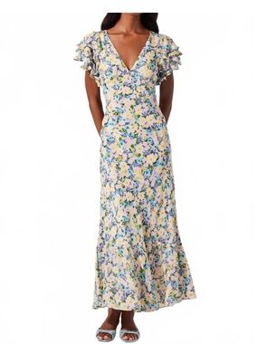 NWT ASTR celestine floral flutter sleeve dress in blue yellow ditsy SIZE L